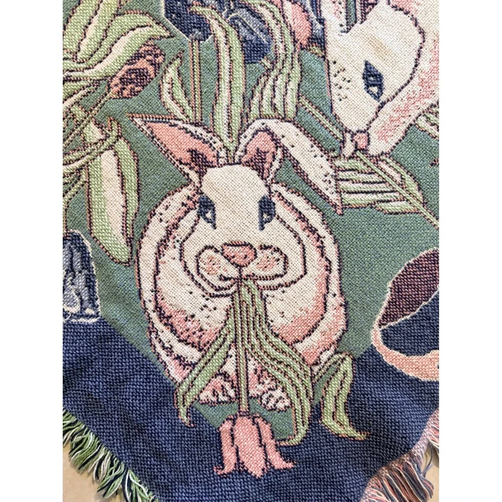 Vintage Rabbit Bunny Tapestry Throw Blanket Afghan Floral Cottage 68x47 1990s